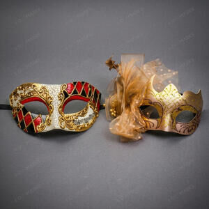 Venetian Harlequin Gold Feather Masquerade Halloween Party mask